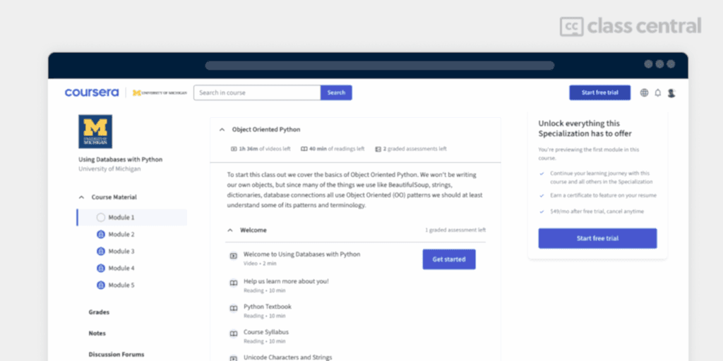 Screenshot of Coursera’s course interface showing only the first module of "Using Databases with Python" by the University of Michigan unlocked, with a prompt to "Start free trial" to access the rest.