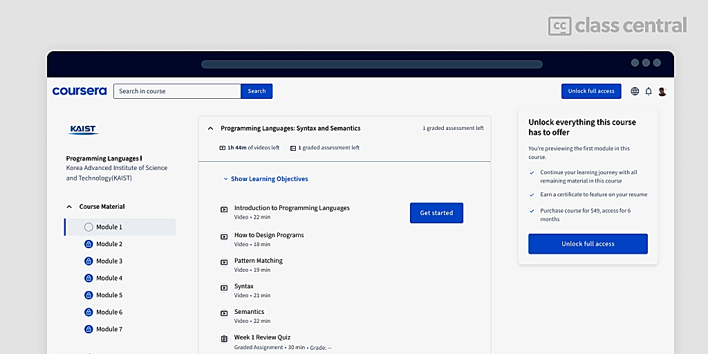 Coursera course page for "Programming Languages I" by KAIST, with only Module 1 accessible and a prominent message offering to "Unlock full access" for $49.