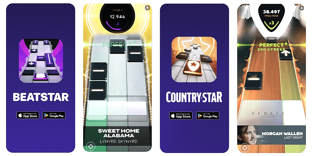Promotional screenshots of Beatstar and Country Star rhythm games showing logos, app store icons, and gameplay for ‘Sweet Home Alabama’ and ‘Last Night.’