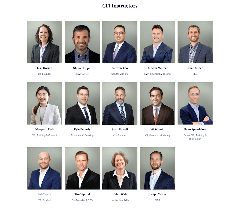 Group photo grid of 14 CFI instructors with names and titles. Top row: Lisa Dorian (Co-Founder), Glenn Hopper (AI & Finance), Andrew Loo (Capital Markets), Duncan McKeen (EVP, Financial Modeling), and Noah Miller (ESG). Second row: Meeyeon Park (VP, Training & Content), Kyle Peterdy (Commercial Banking), Scott Powell (Co-Founder), Jeff Schmidt (VP, Financial Modeling), and Ryan Spendelow (Senior VP, Training & Curriculum). Bottom row: Seb Taylor (VP, Product), Tim Vipond (Co-Founder & CEO), Helen Wale (Leadership Skills), and Joseph Yeates (BIDA)