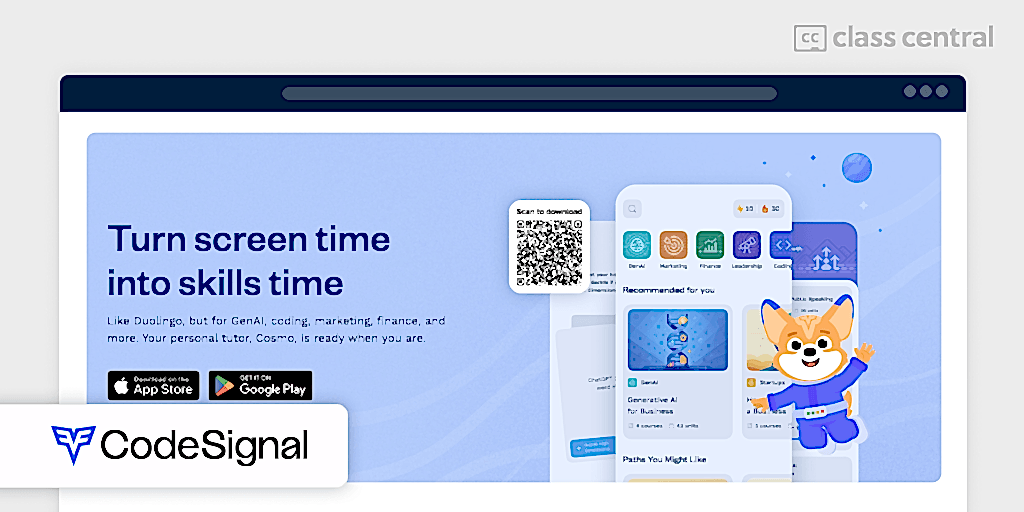 Cosmo learning app banner – mobile tutor for GenAI, coding, marketing, finance, and leadership. Download on App Store or Google Play. Tagline: Turn screen time into skills time.