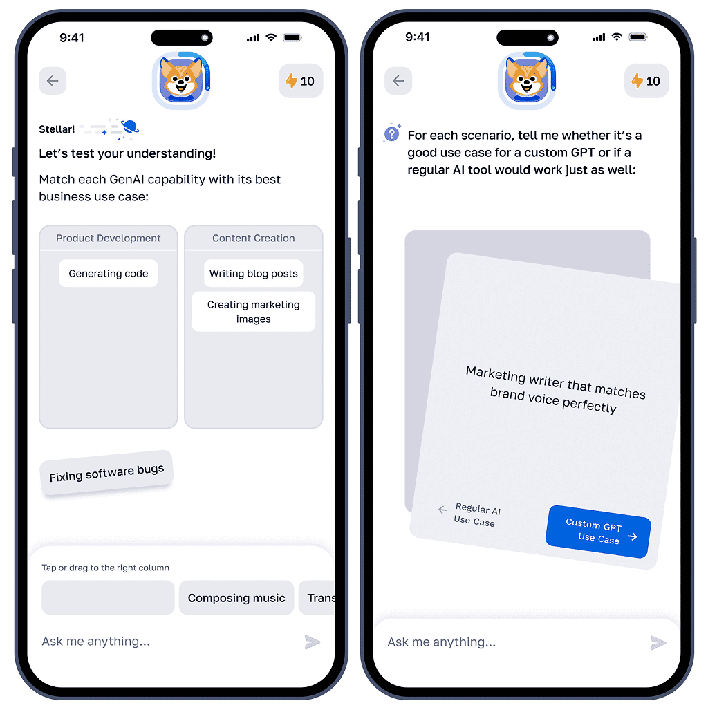 Two mobile app screens side by side. The first screen shows an interactive quiz asking users to match GenAI capabilities such as generating code, writing blog posts, and creating marketing images with their best business use cases. The second screen displays a scenario card asking whether 'Marketing writer that matches brand voice perfectly' is better suited for a custom GPT use case or a regular AI tool.