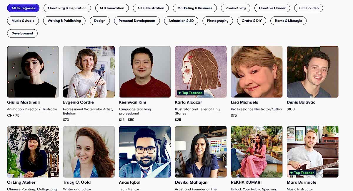 Screenshot of Skillshare 1-on-1 Sessions page showing instructor profiles with names, photos, expertise, and session prices across categories like art, design, writing, and music.