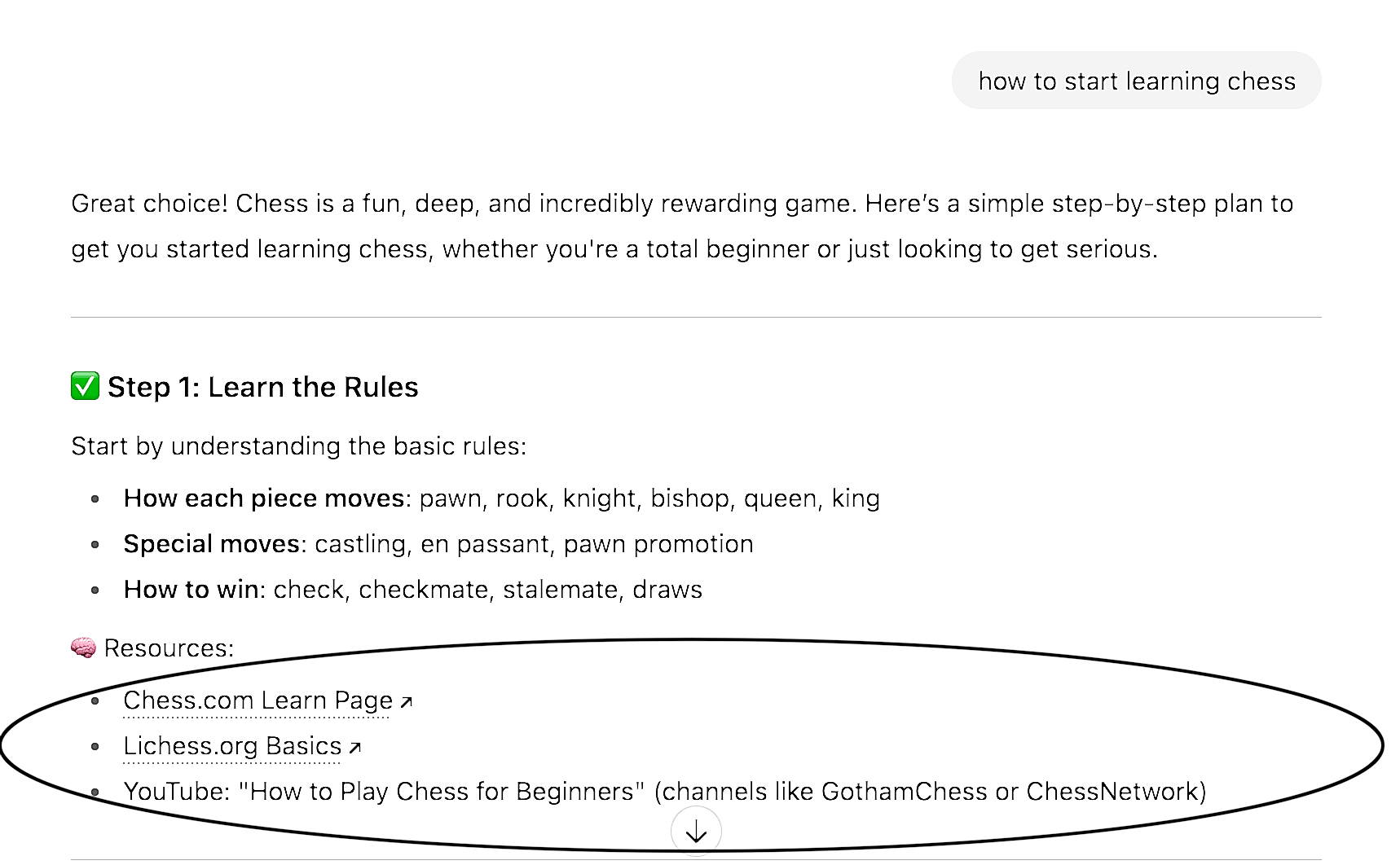 Chess learning guide: Step 1 - Learn the Rules. Covers piece movements, special moves, win conditions. Circled resources: Chess.com, Lichess.org, YouTube.