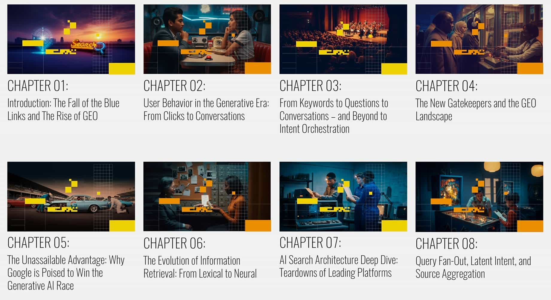 Eight-chapter course outline covering SEO and AI topics: from blue links decline to GEO landscape, user behavior, intent orchestration, Google's advantage, information retrieval evolution, AI search architecture, and query analysis.