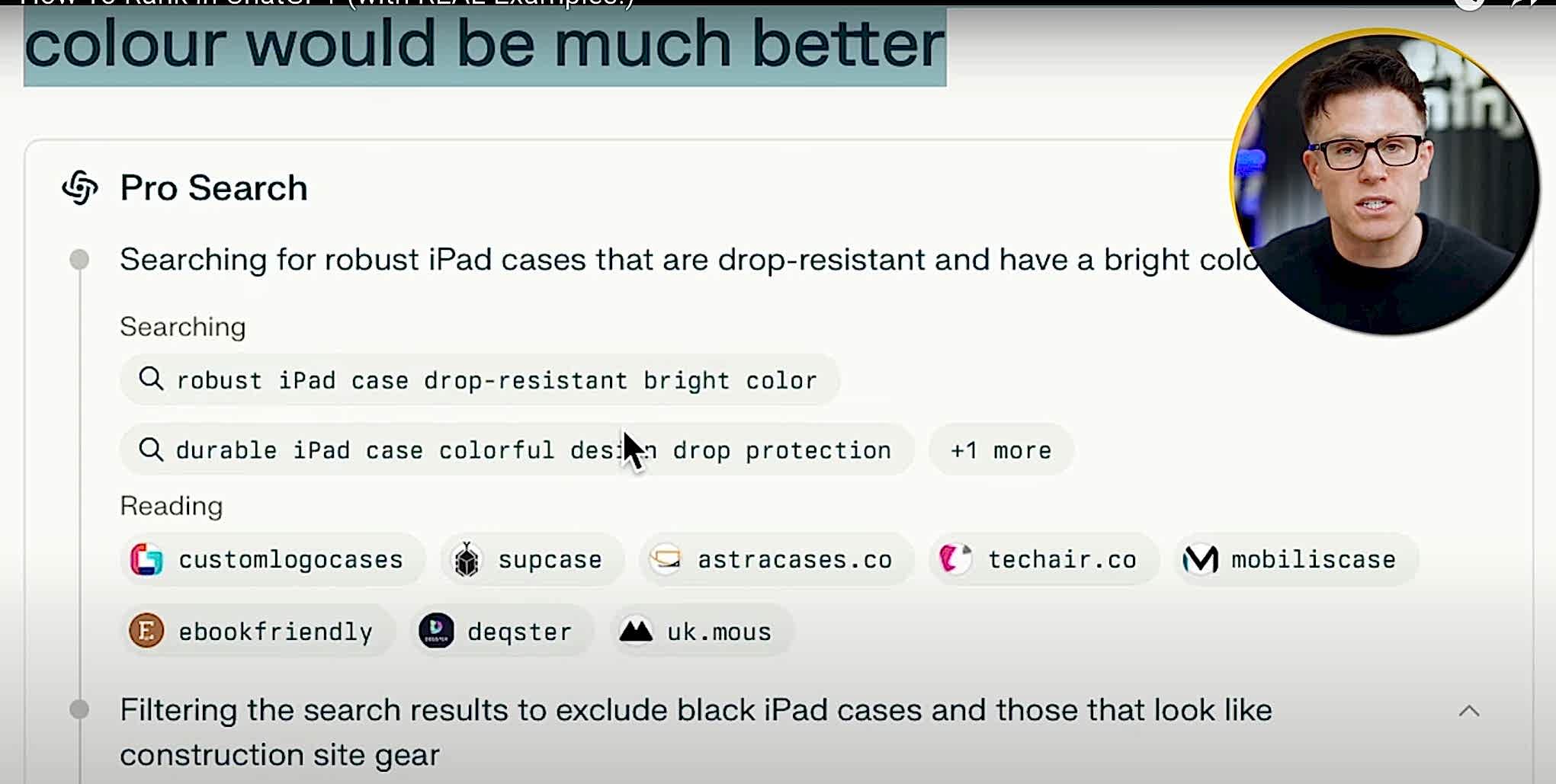 Screen showing Pro Search for "robust iPad case drop-resistant bright color" with suggested searches and retailer results, plus video presenter in corner.