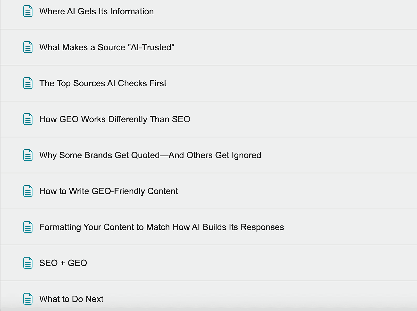 Course content menu for AI information sourcing, GEO-friendly writing, brand quoting, SEO tips, and next steps.