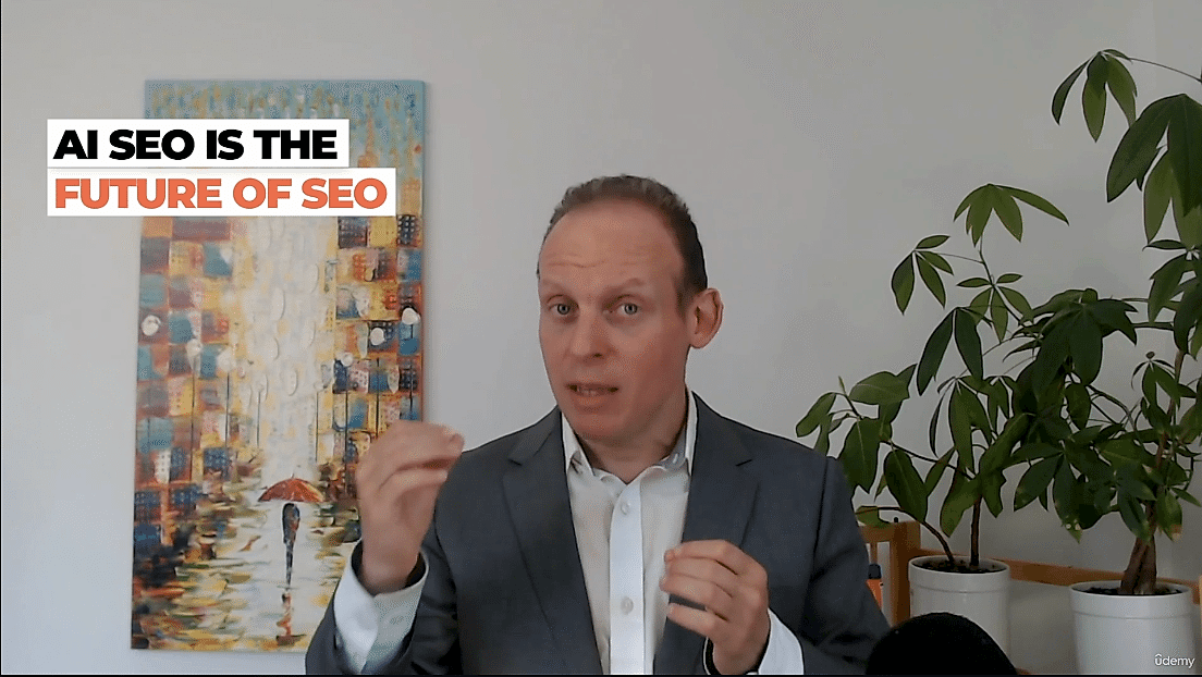 Professional man speaking, with text overlay "AI SEO IS THE FUTURE OF SEO" and colorful artwork behind him.