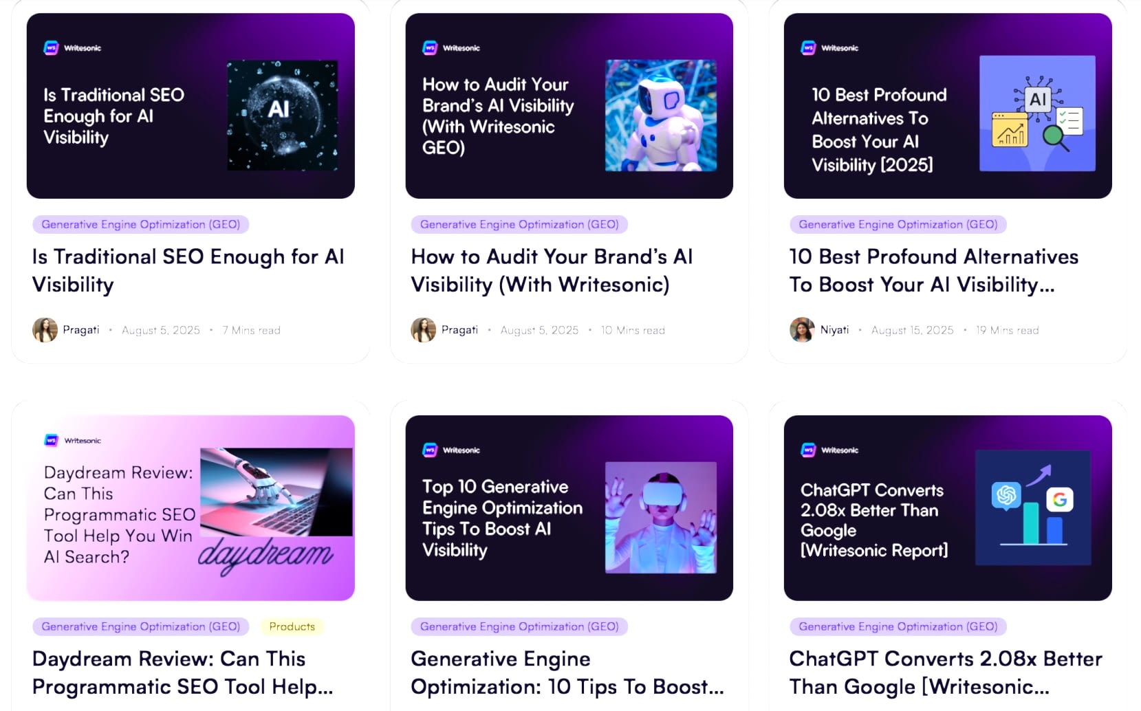 Six Writesonic blog article cards about AI/SEO topics including traditional SEO, brand auditing, Profound alternatives, Daydream review, GEO tips, and ChatGPT performance comparison.